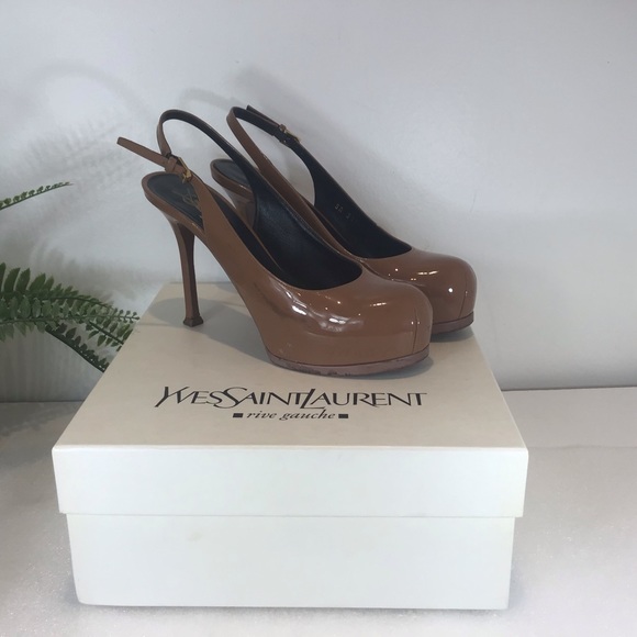 YVES SAINT LAURENT VITELLO VERN PATENT LEATHER SLINGBACK STILETTO HEELS NUDE 7.5 - Picture 2 of 16